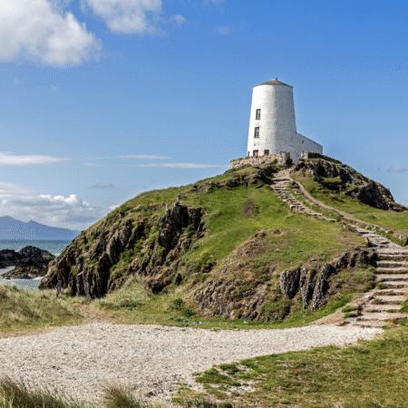 A lighthouse on the coast of Anglesey in Wales