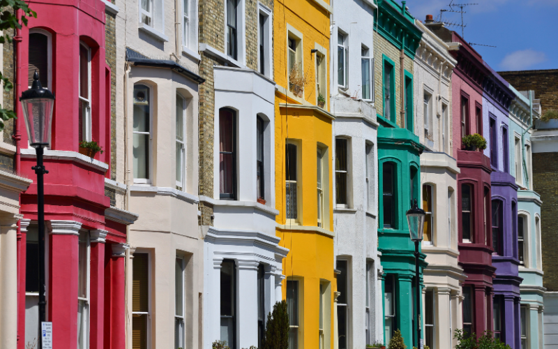 Row of colourful houses in Notting Hill, London