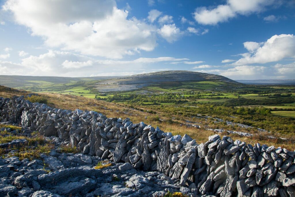Limestone landscape and dry-stone wall in the Burren