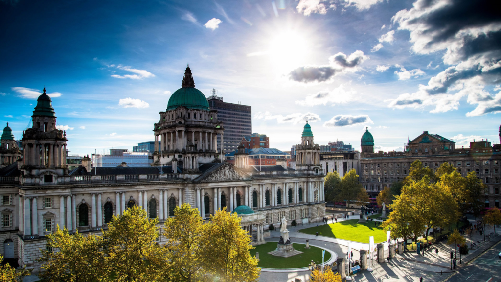 Belfast City Hall beneath a blue sky