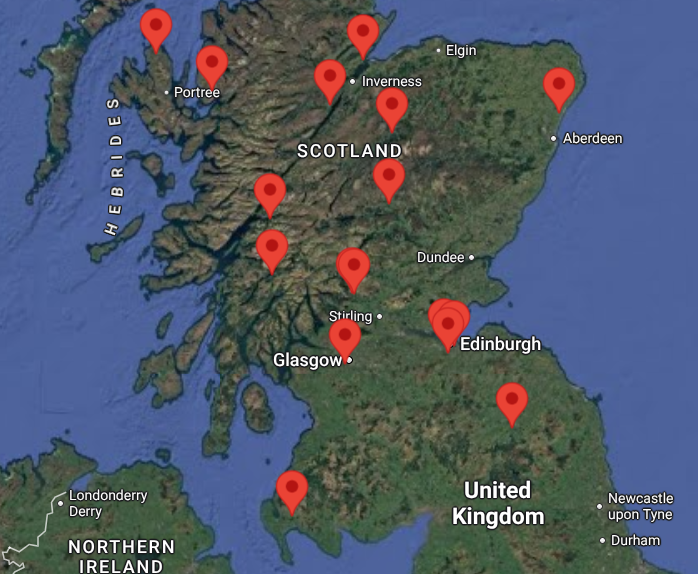 Map of Highland cow viewing locations across Scotland